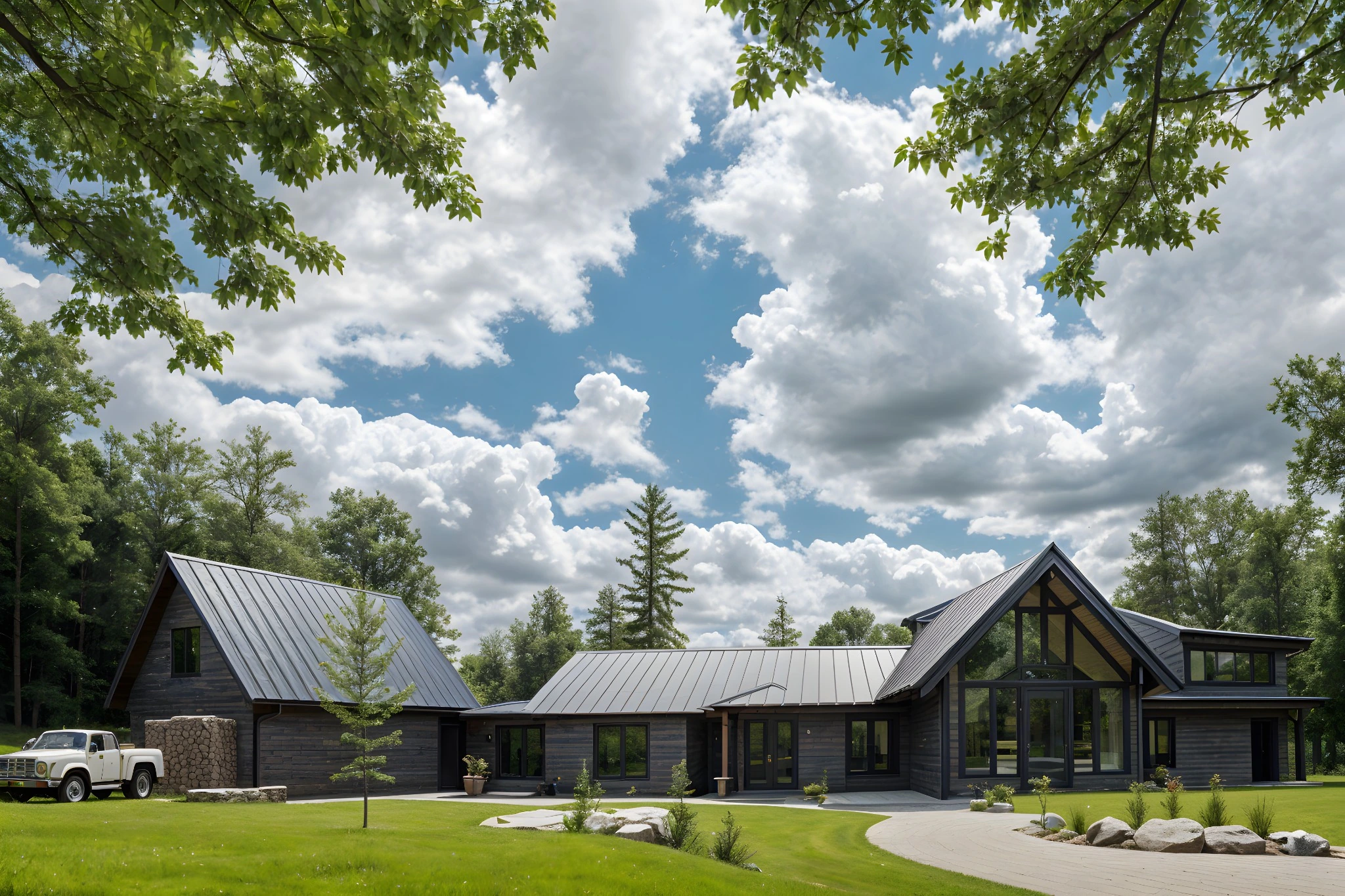 Cottage design rendering with broad metal roofs, dark cladding and a glazed gable among trees