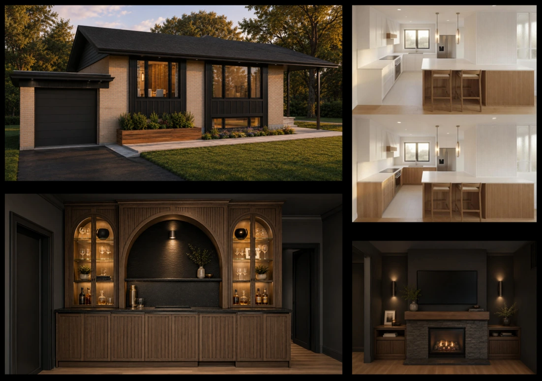 Doulton design presentation with an exterior elevation, kitchen options, a timber bar and a fireplace wall