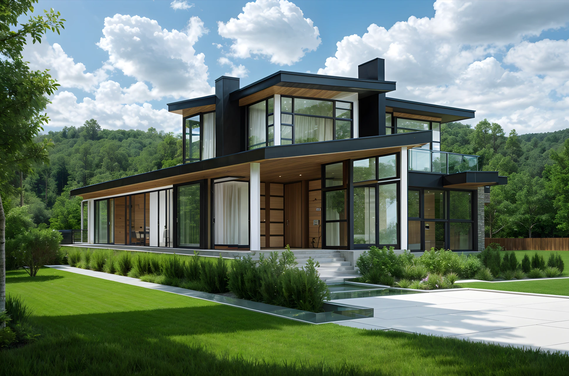 Stix Studio exterior design rendering of a contemporary home with wood, dark framing and broad glazing