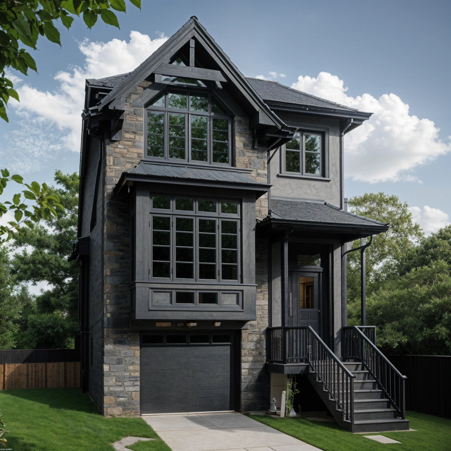 Traditional house design with a gabled roof and projecting front bay