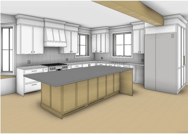 Three-dimensional kitchen planning study with an island, tall cabinets and wood accents