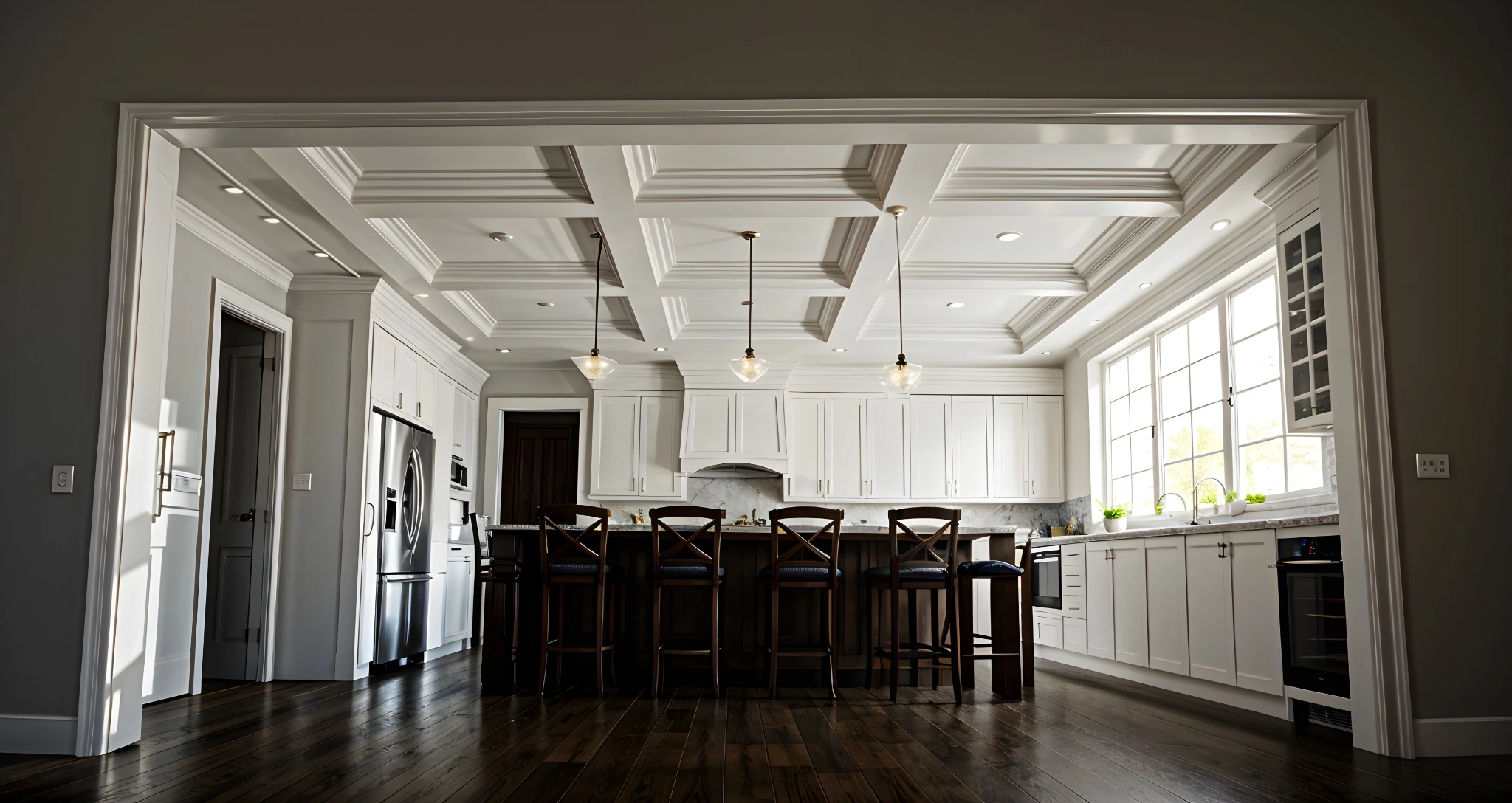 Kitchen design rendering viewed through a wide opening, with white cabinets, a dark timber island and a coffered ceiling