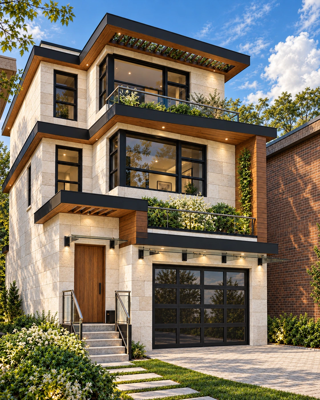 Urban home design rendering with pale limestone, planted balconies, warm timber accents, a solid wood front door and dark glazed garage door